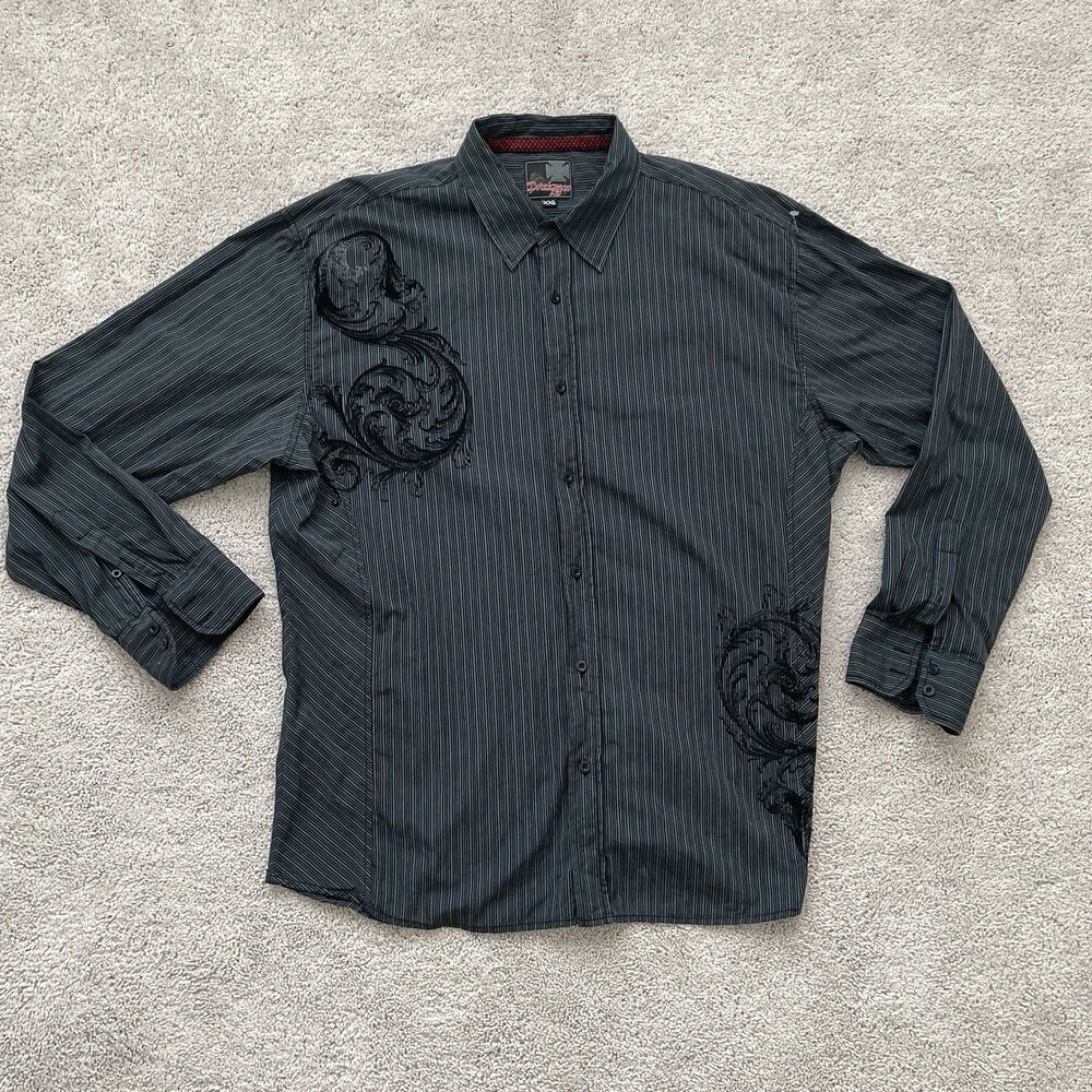 Point Zero Mens Button Up Long Sleeves Black Shirt XXL Y2K Rave Clubbing Dance